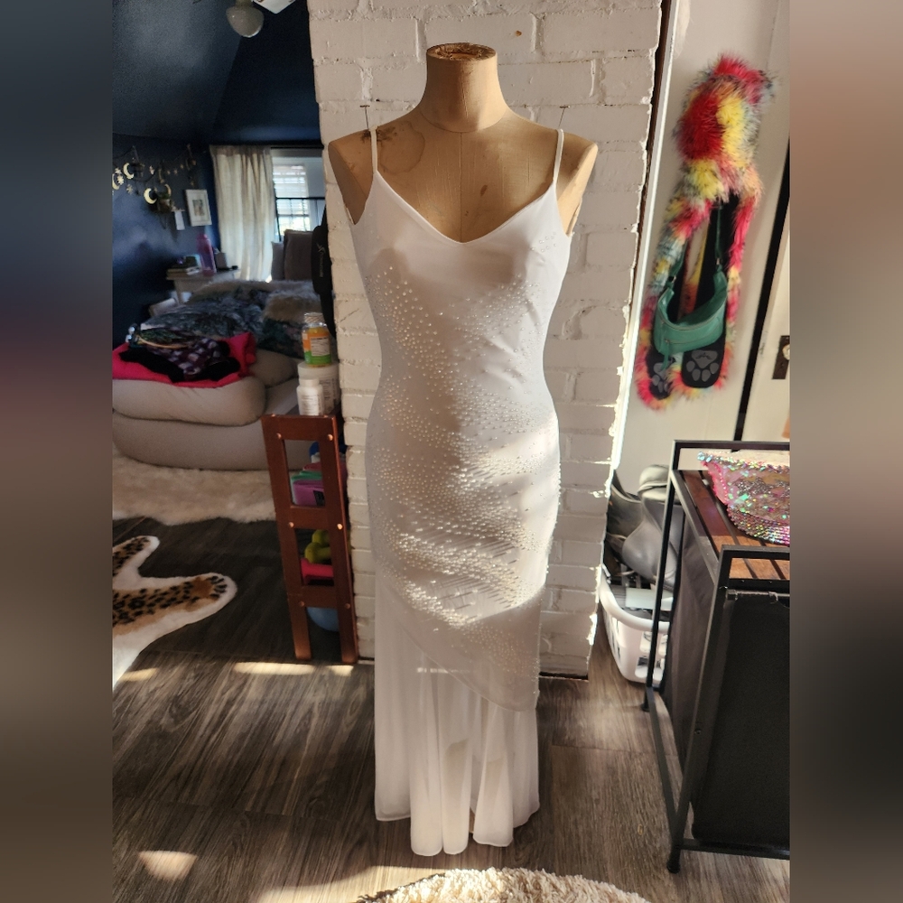Stretchy Y2K White Embellished Dress